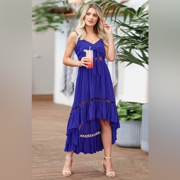 New Feeling Navy Blue Crochet Cutout Ruffle Hem High-Low Dress Size M - Picture 3 of 17
